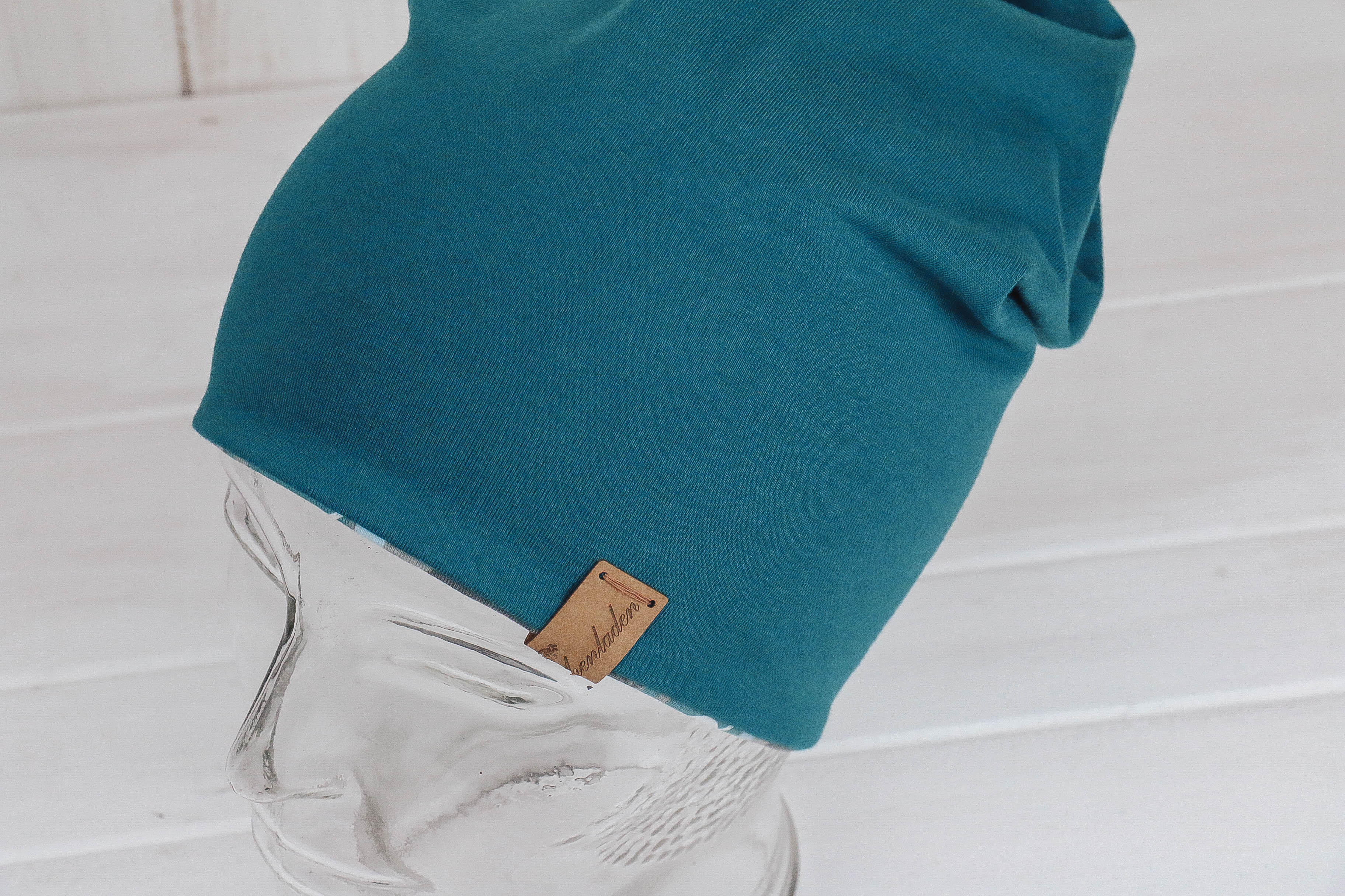 Jersey Haube *Blumen petrol/grau*