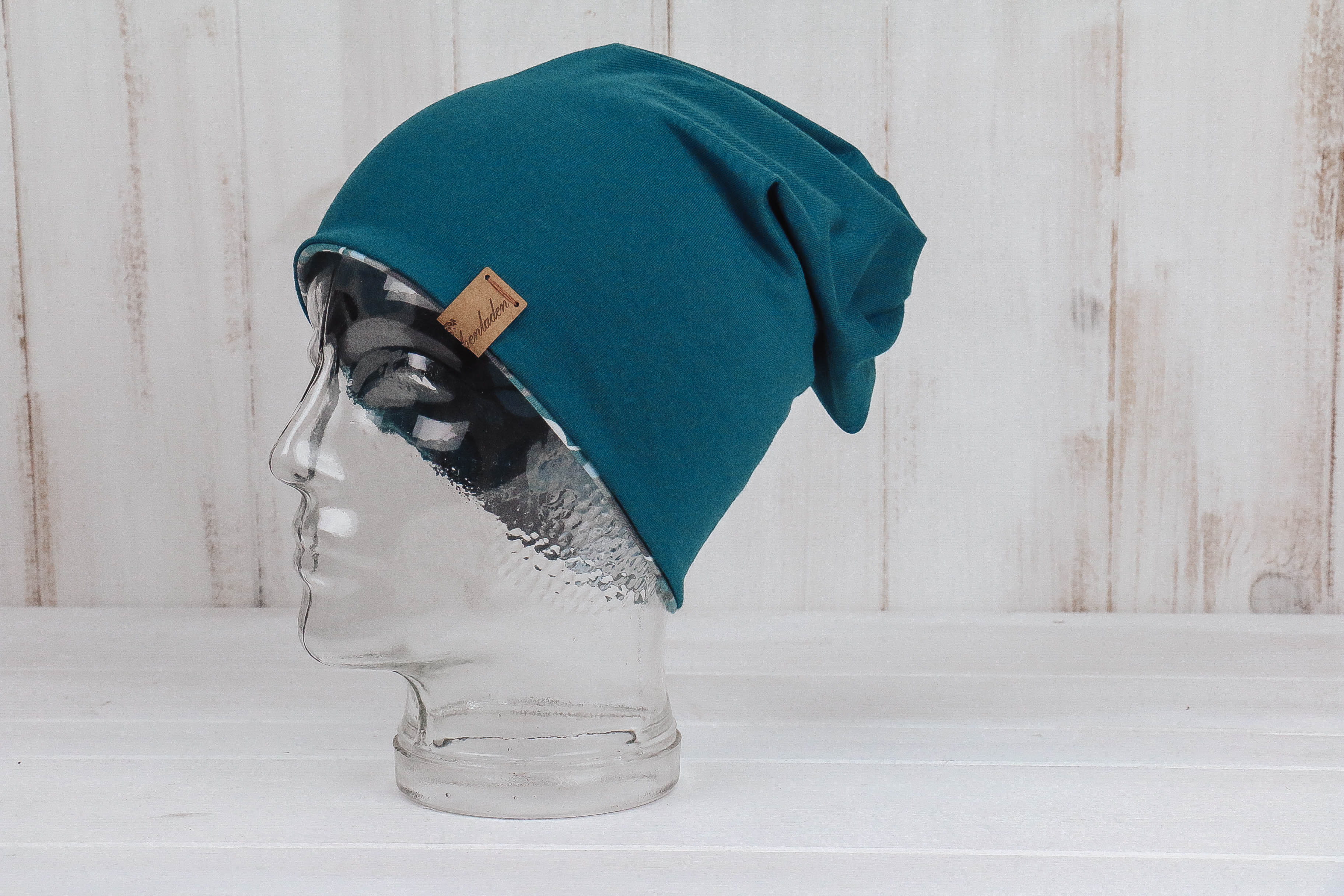 Jersey Haube *Blumen petrol/grau*