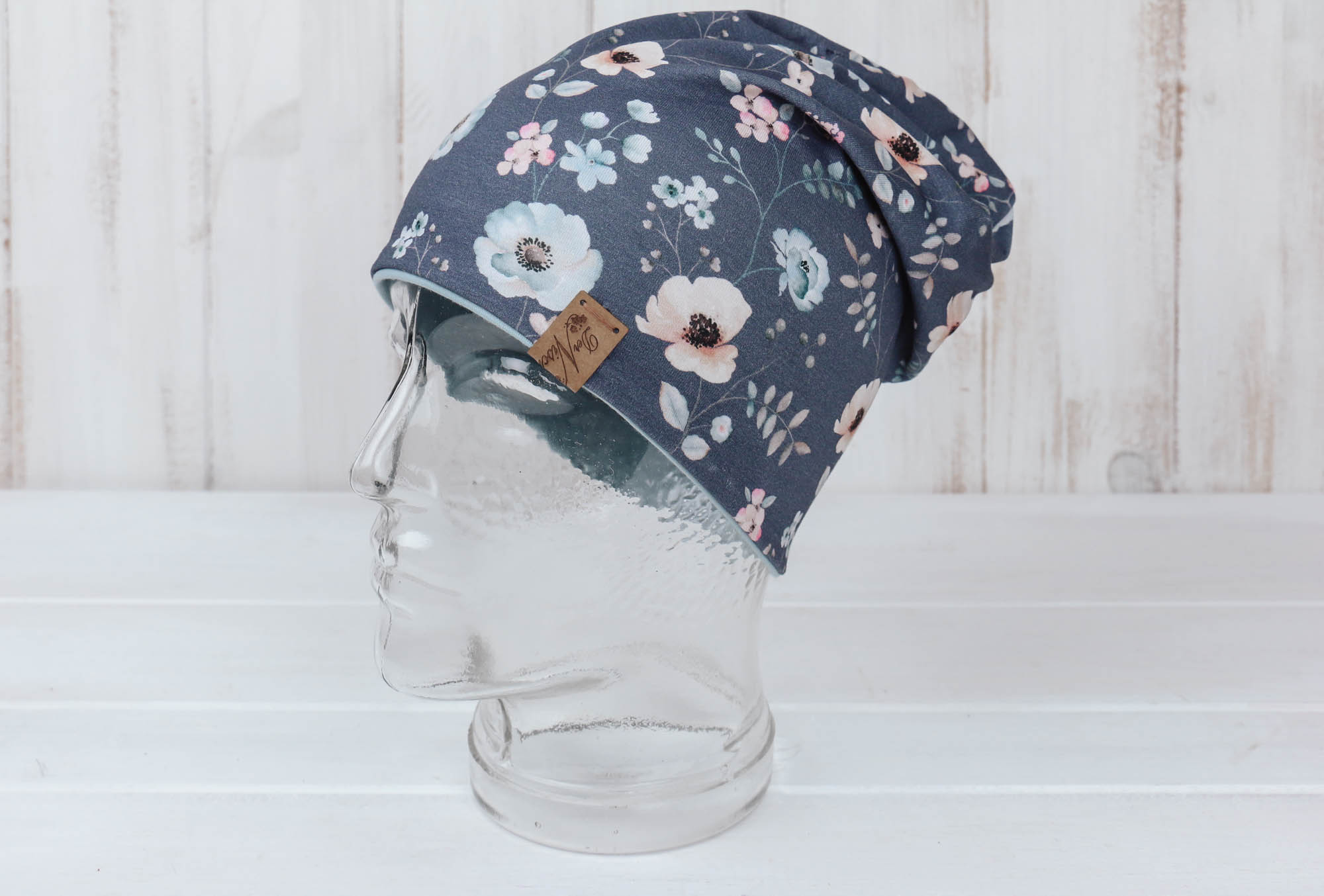 Jersey Haube Blumen *dunkelblau-hellblau
