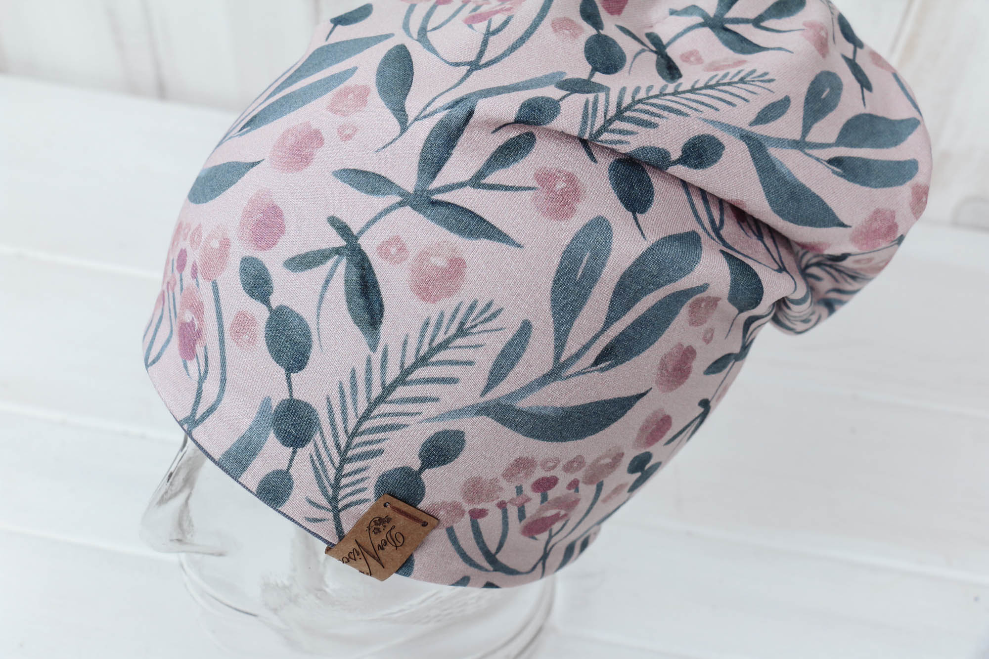 Jersey Haube Blatt & Blüte *altrosa-dunkelgrau*