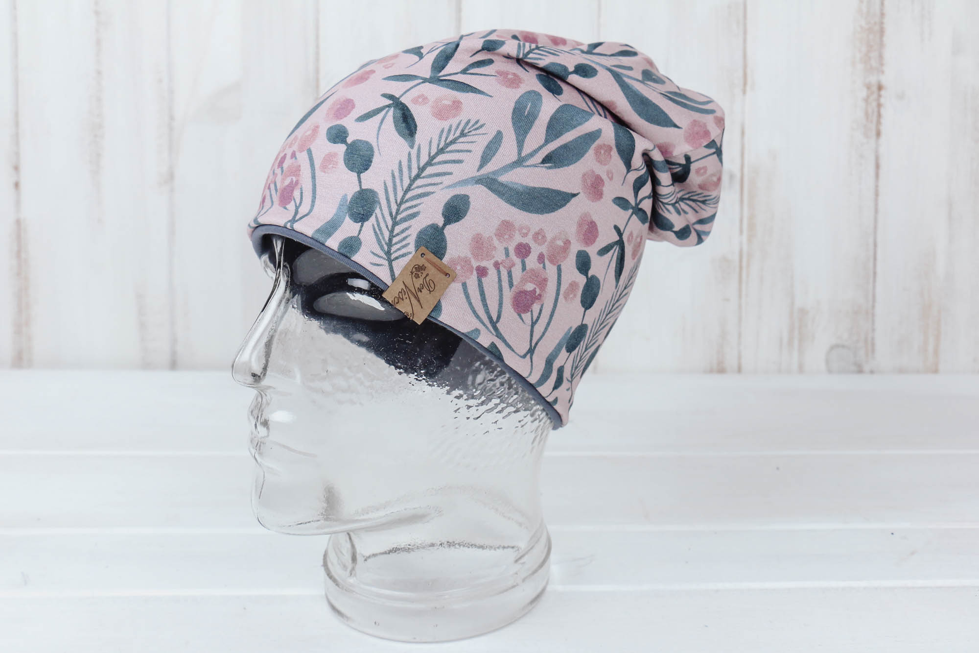 Jersey Haube Blatt & Blüte *altrosa-dunkelgrau*